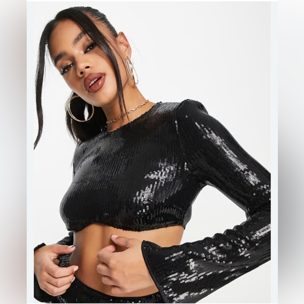 Kaiia Black Sequined Crop Top Size 10 Lined Rear Zip